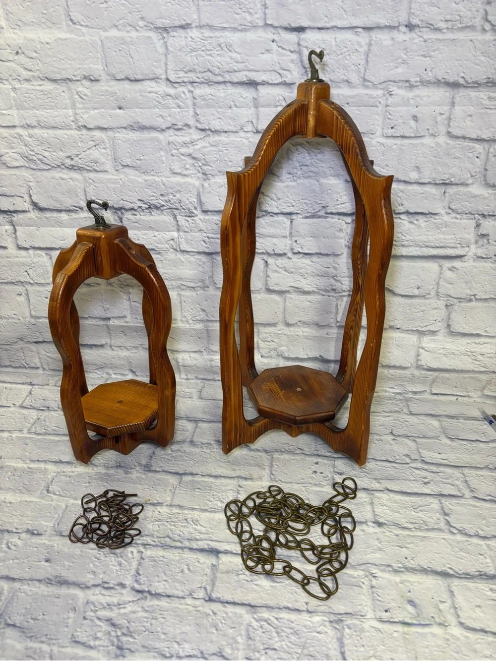 Mid Century Rustic Wooden Patio Candle Plant Lantern Hanging Holders Lot Of 2